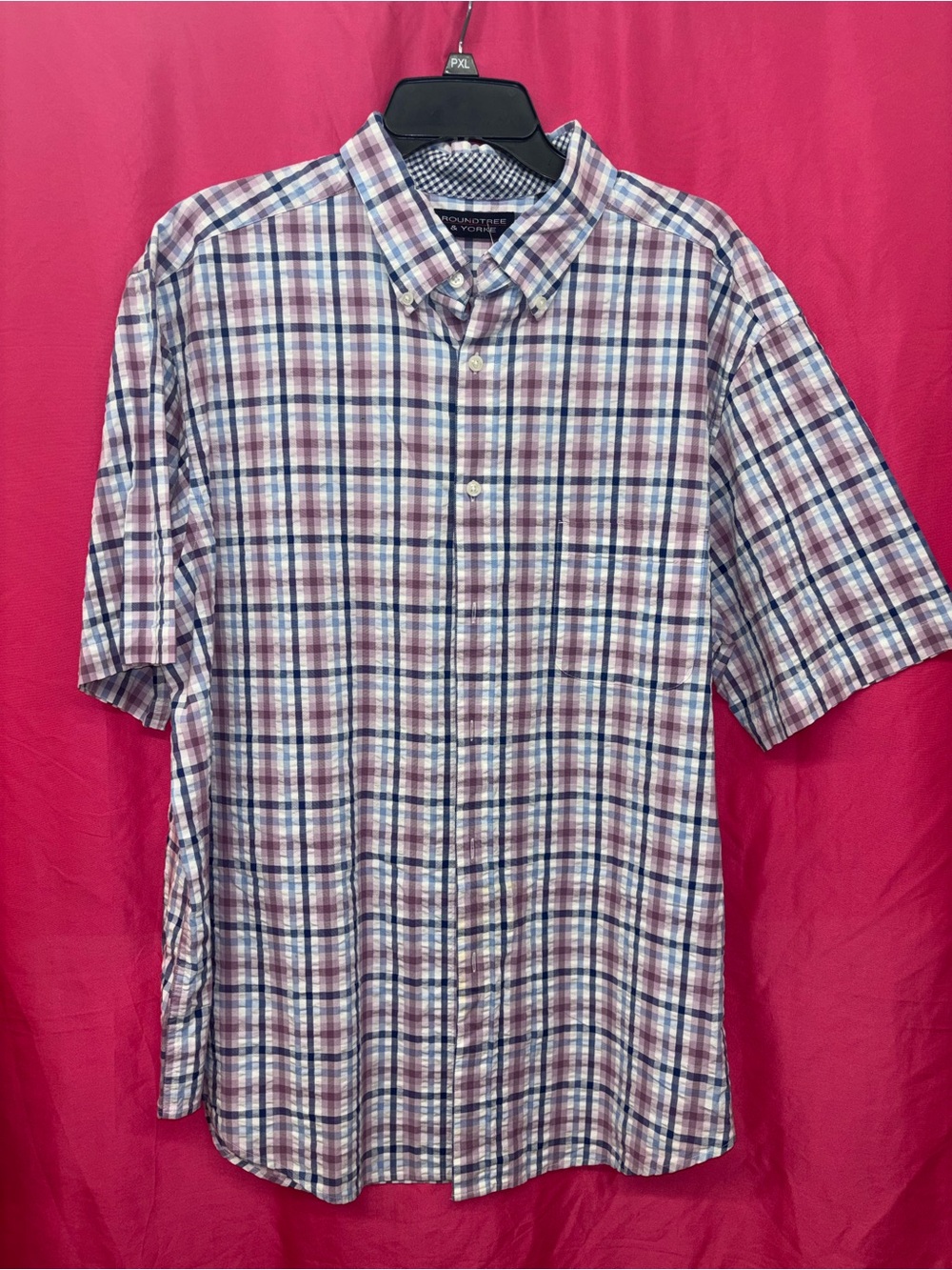 Roundtree & Yorke Short Sleeve Plaid Button-Down Shirt - Blue & Pink